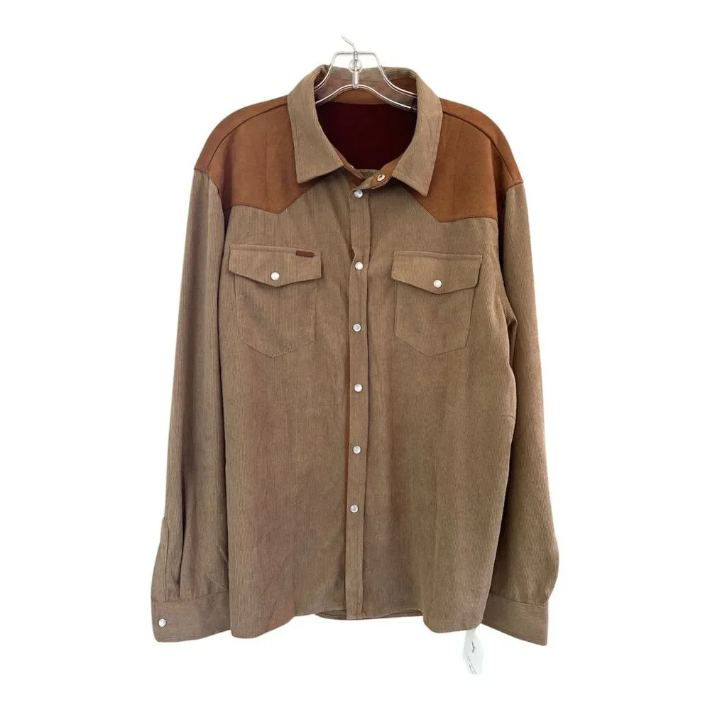 NWT Yousify Men's XL Lightweight Brown Corduroy Western Pearl Snap Shacket Boho